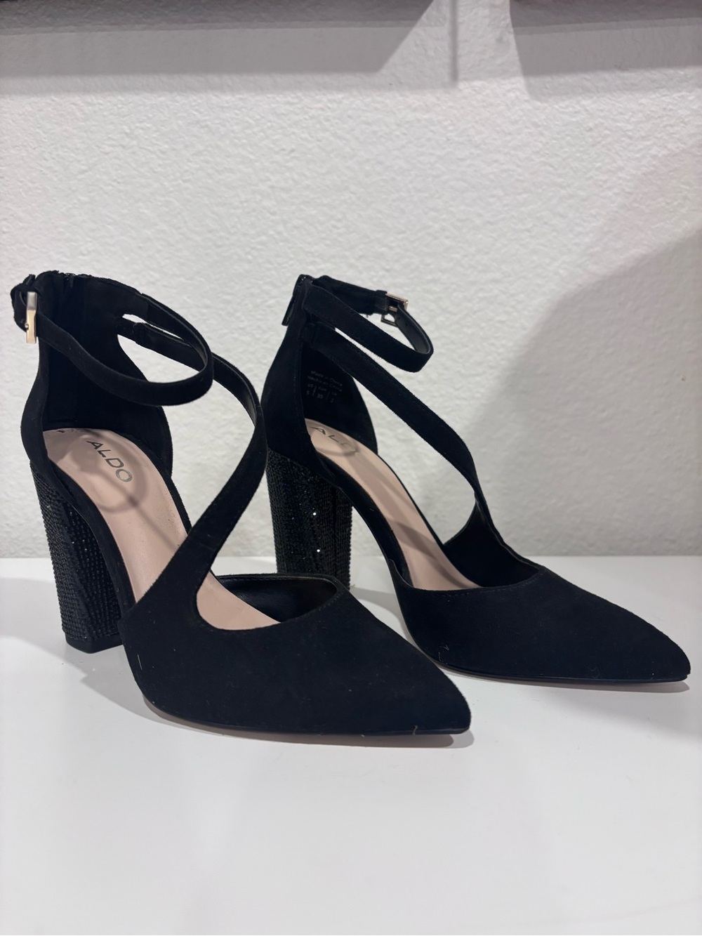 Aldo Black Suede Pointed Toe Ankle-Strap Block Heels - Women’s size 5